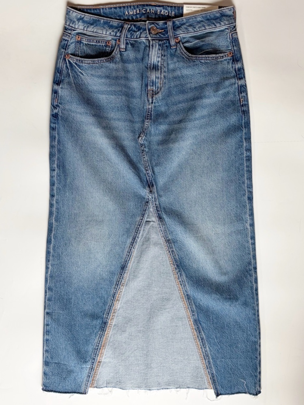 NWT American Eagle Low Rise Denim Maxi Skirt Front Slit Distressed Y2K Size 26